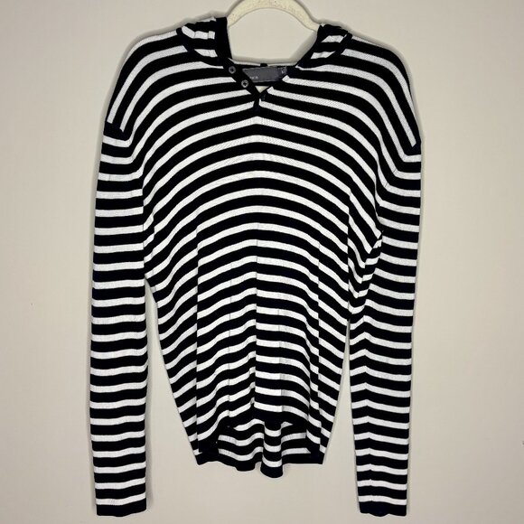 Vince Fitted Ribbed Hooded Navy White Stripe Sweater Henley Cotton Size Medium - Picture 2 of 5